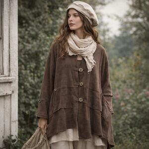 Chalet Button Front Womens Top Sz Small Brown Architectural Lagenlook Oversized